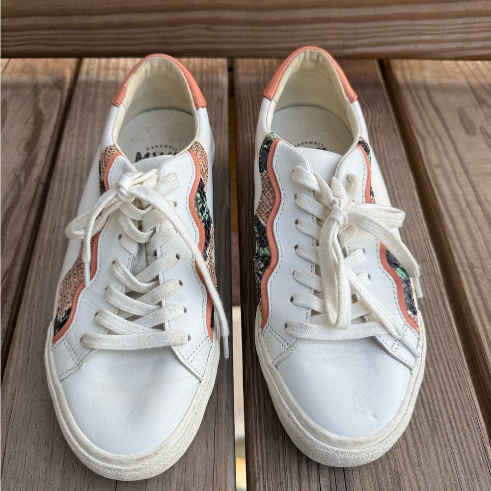 Madewell Sidewalk White and Orange Low Top Sneakers with Snakeskin Detail